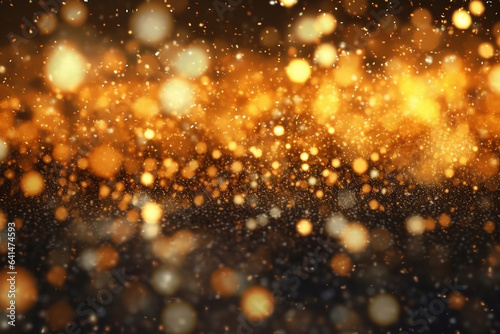 Abstract luxury swirling gold background with gold particle. Christmas Golden light shine particles bokeh on dark background