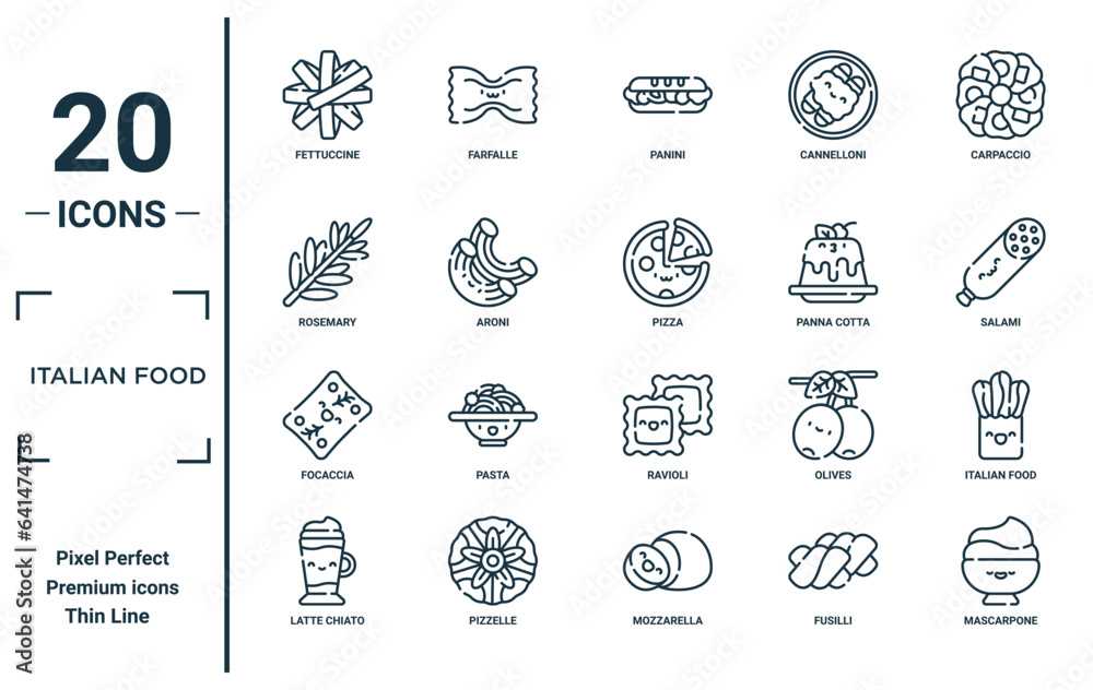 Italian Food Linear Icon Set Includes Thin Line Fettuccine Rosemary 