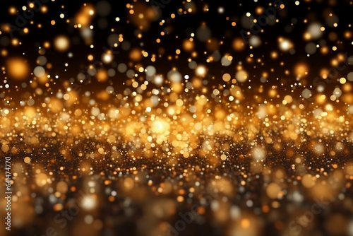 Abstract luxury swirling gold background with gold particle. Christmas Golden light shine particles bokeh on dark background