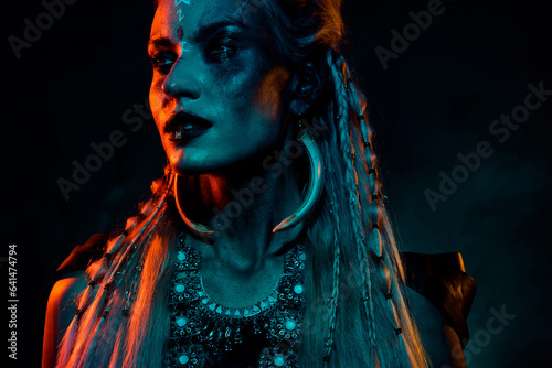 Foto Photo of attractive wild mystic woman wear gothic valkyrie costume isolated dark