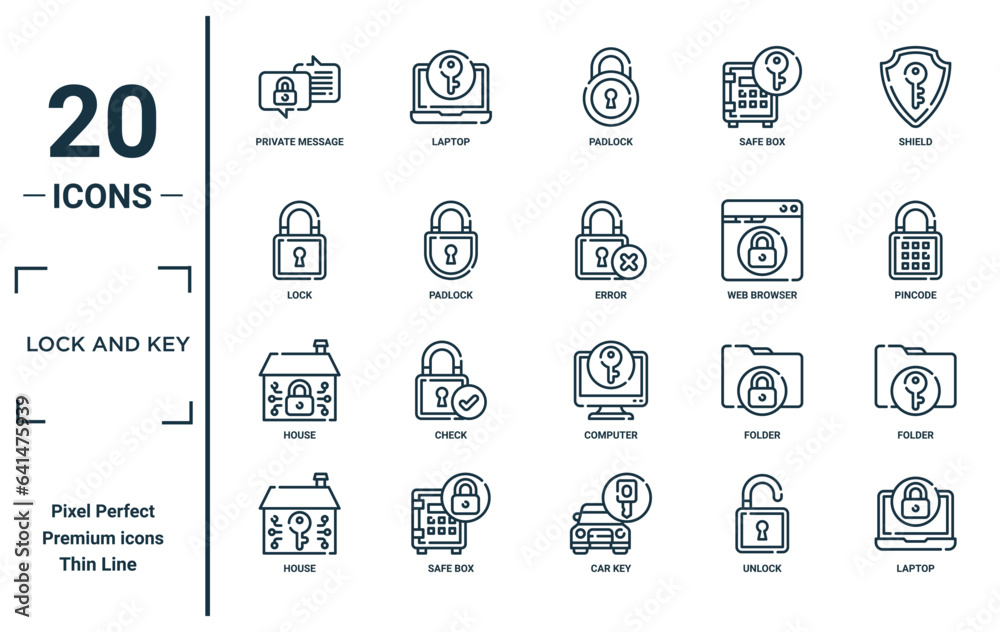 lock and key linear icon set. includes thin line private message, lock