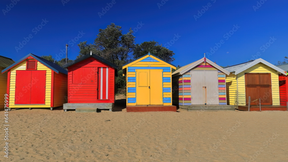 Partial run of the 82 brightly painted Victorian bathing boxes on Dendy Street Beach, Brighton suburb. Melbourne-Australia-898