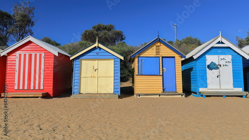 Partial row of the 82 brightly painted Victorian bathing boxes on Dendy Street Beach, Brighton suburb. Melbourne-Australia-897