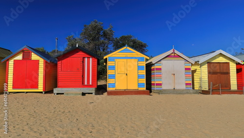 Partial run of the 82 brightly painted Victorian bathing boxes on Dendy Street Beach, Brighton suburb. Melbourne-Australia-898 © rweisswald