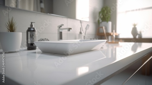 Stylish white sinks on a white countertop in a modern bathroom interior