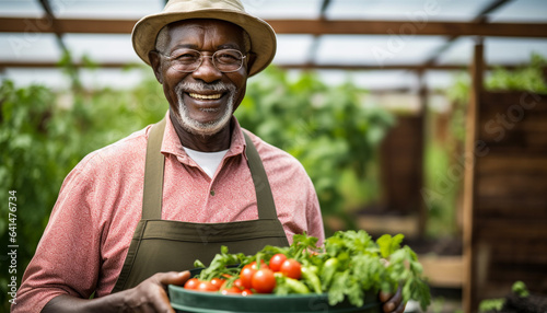 elderly black farmer harvesting vegetables in greenhouse made with generative AI
