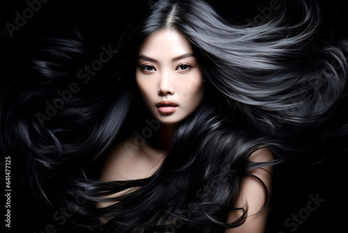 Beautiful Asian model girl with shiny black and straight long hair. Keratin straightening. Treatment, care and spa procedures for haired