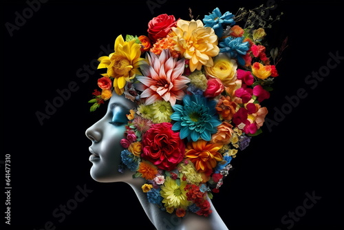Abstract contemporary art collage portrait of a young woman with flowers on her head and hair © Canvas Alchemy
