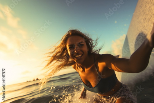 Girl surfer. Surfing and vacation picture for social media promo. Sport magazine poster © Canvas Alchemy