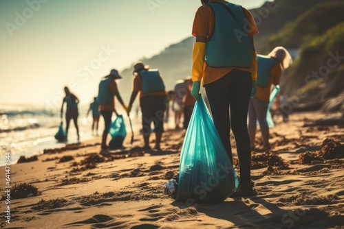 People volunteers clean the ocean coast from plastic garbage. Dirty beach. Environment protection. Generative AI.