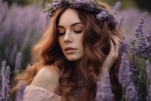 Young pretty woman with long hair standing near lavender field