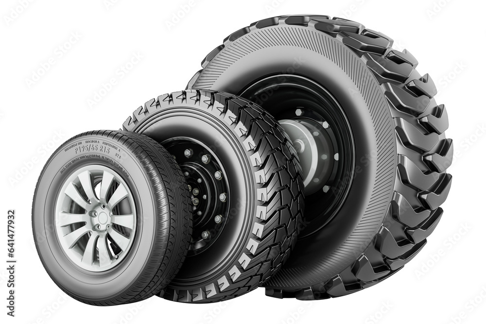 Car wheel, trucks wheels. Auto wheels of various sizes, 3D rendering isolated on transparent background Car wheel, trucks wheels. Auto wheels of various sizes, 3D rendering isolated on transparent background