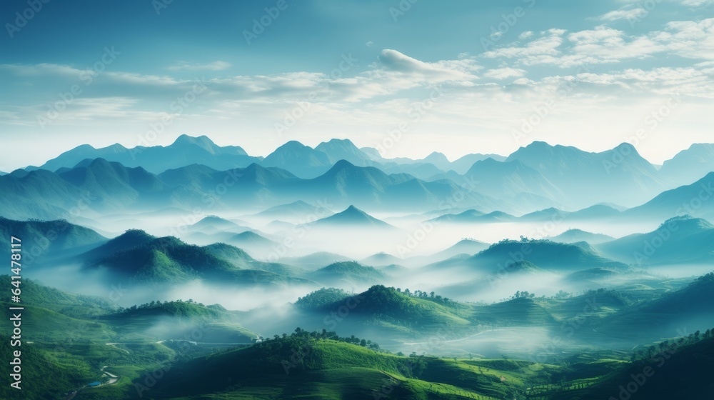 Photo of a misty mountain range shrouded in clouds