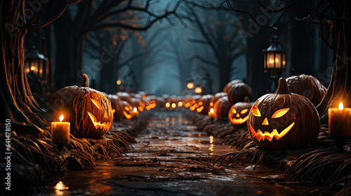 Ominous path with Halloween pumpkins and burning candles in a creepy forest at night