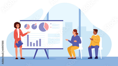 Vector illustration of business presentation. Cartoon scene of a business presentation in the office with a woman standing near a board with charts, graphs and a woman and a man sitting, discussing.