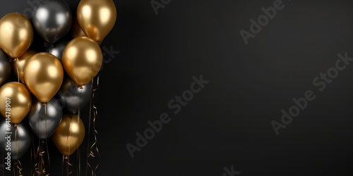 Gold balloons bunch on a black wall background generative ai