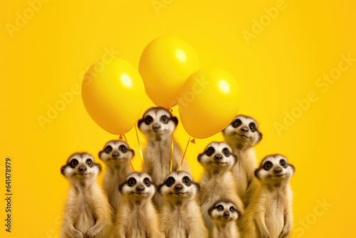 Holiday concept. A group of meerkat friends and family with yellow balloons