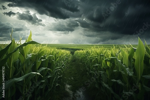 Green maize field in front of dramatic clouds and rain generative ai