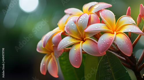 frangipani flower on blurred greenery tree background