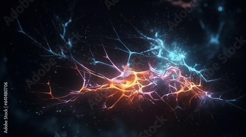 Conceptual illustration of neuron cells with glowing link knots in abstract dark space. 3D effect