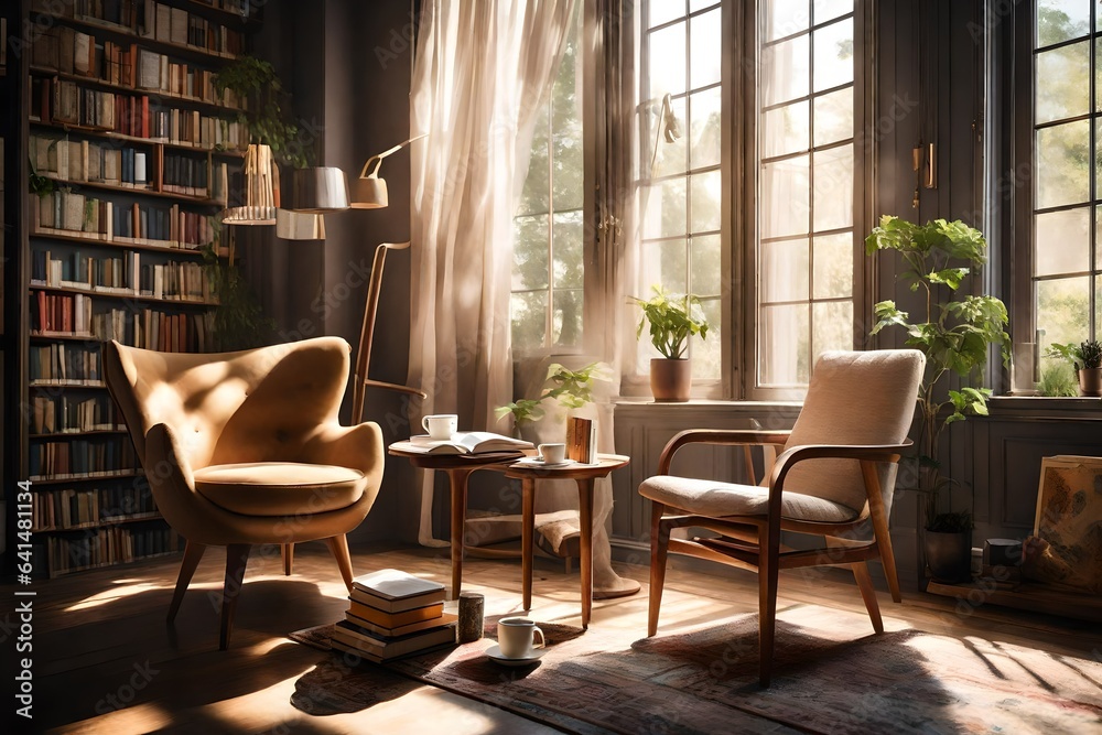 A sunlit reading nook with a plush armchair by the window, a cup of steaming tea, and a stack of well-loved books