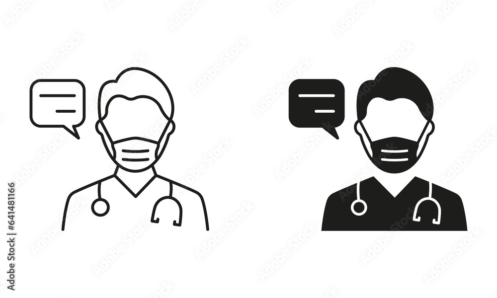 Doctor in Mask with Speech Bubble Consultation Concept Line and Silhouette Icon Set. Physician Talking Pictogram. Healthcare Chat, Medic Conversation Symbol Collection. Isolated Vector Illustration Doctor in Mask with Speech Bubble Consultation Concept Line and Silhouette Icon Set. Physician Talking Pictogram. Healthcare Chat, Medic Conversation Symbol Collection. Isolated Vector Illustration