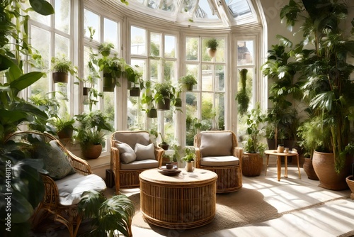 A sunlit conservatory with rattan furniture, lush potted plants, and the gentle trickle of a miniature indoor waterfall