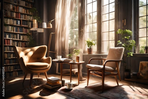 A sunlit reading nook with a plush armchair by the window, a cup of steaming tea, and a stack of well-loved books