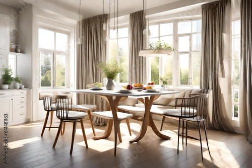 An airy kitchen with an abundance of sunlight streaming through sheer curtains, illuminating a breakfast nook set for a tranquil start to the day © Fahad
