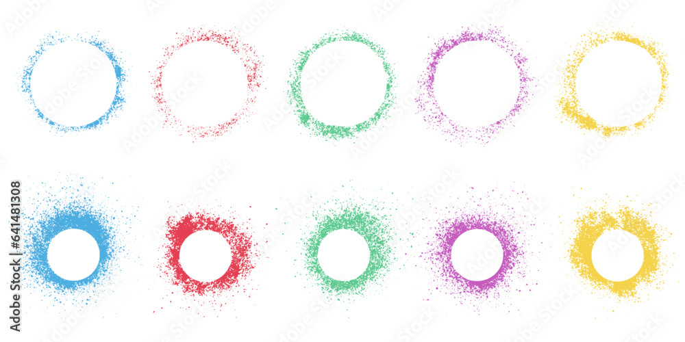 Frame Set in Circle Shape, Color Ink Splatter. Spray Stencil Collection. Dirty Border, Paint Brush Texture. Blank Round Stain. Abstract Design Element. Isolated Vector Illustration Frame Set in Circle Shape, Color Ink Splatter. Spray Stencil Collection. Dirty Border, Paint Brush Texture. Blank Round Stain. Abstract Design Element. Isolated Vector Illustration