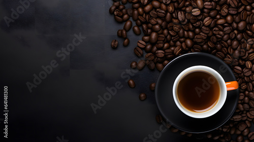 cup hot coffee with coffee bean on black background