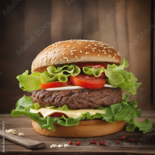 Delicious grilled beef burger with salad and tomatoes, wooden background
