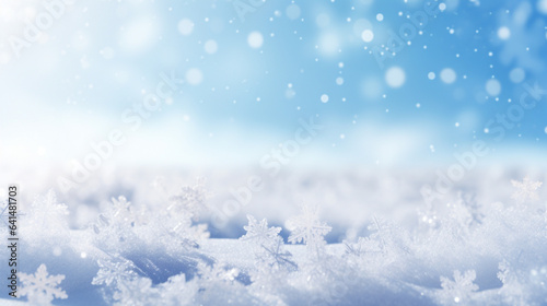 closeup to Winter snow background with snowdrifts, with beautiful light and snow flakes on the blue sky, banner format, copy space © lastrituals