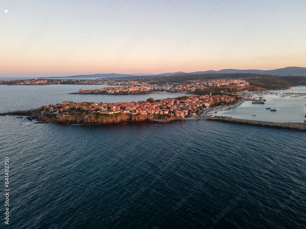 Aerial sunset view of old town of Sozopol, Bulgaria