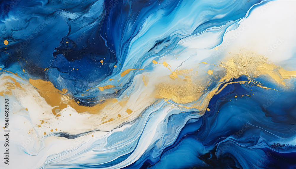 Watercolor splash with blue and gold hues, Blue and gold marbled background art - obrazy, fototapety, plakaty 