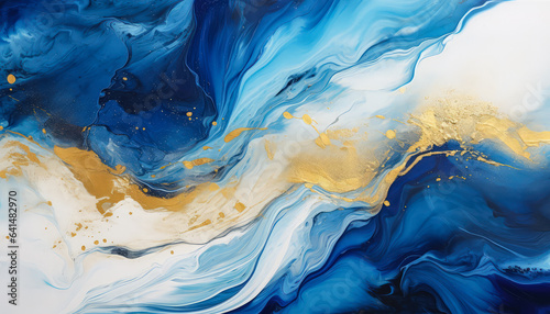 Watercolor splash with blue and gold hues, Blue and gold marbled background art