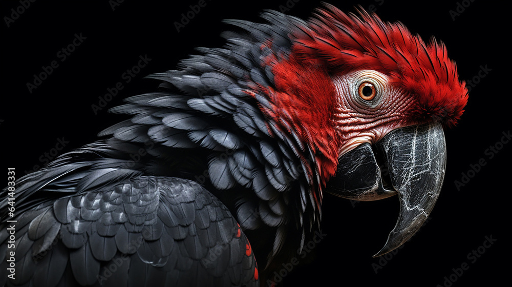 Fototapeta premium Close-up head shot of red macaw with dark background generative ai