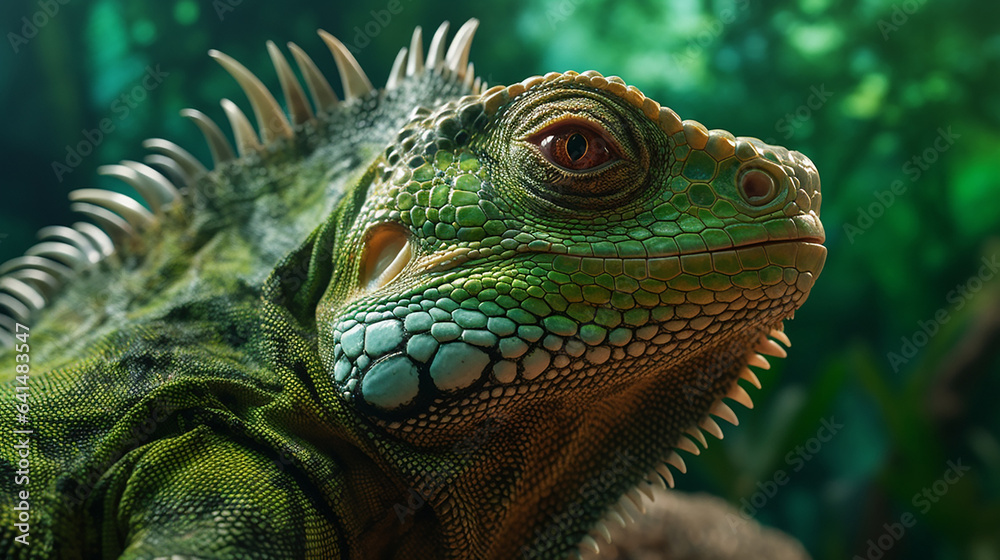 Fototapeta premium Close-up head shot of iguana with nature background generative ai