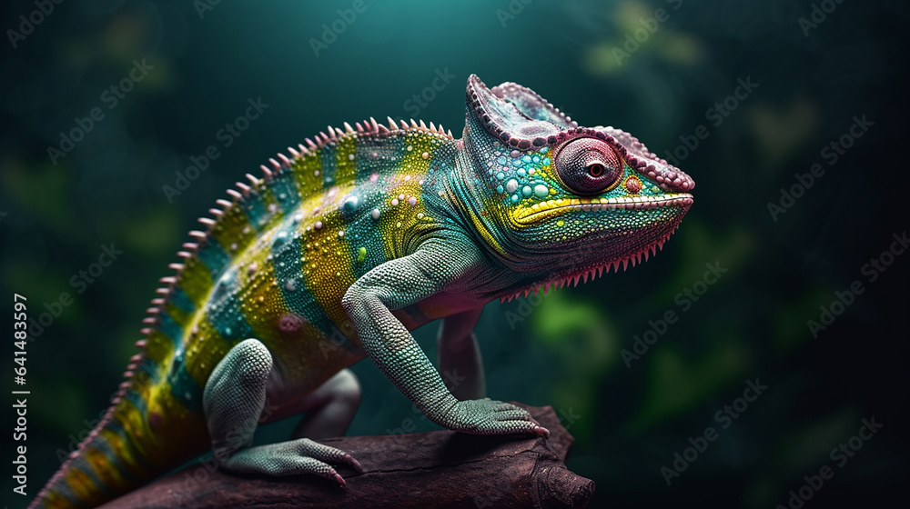 Obraz premium Close-up head shot of cameleon with nature background generative ai