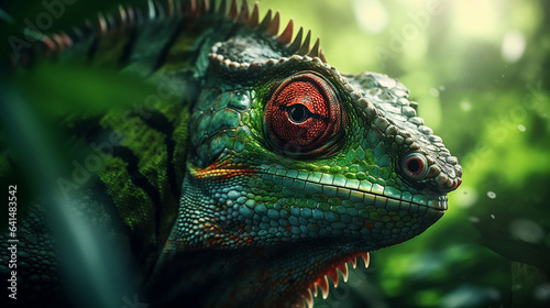 Close-up head shot of iguana with nature background generative ai © TilluArt