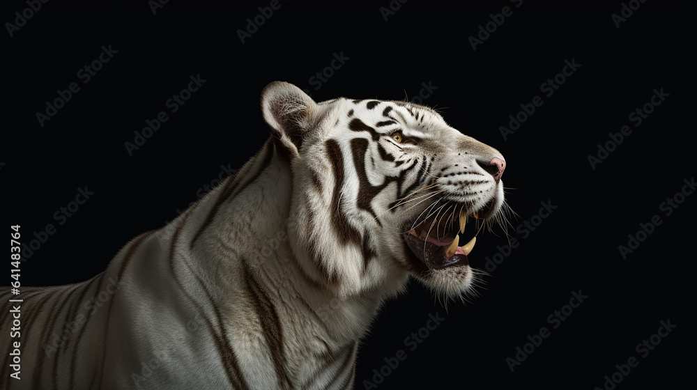 Fototapeta premium Close-up head shot of white tiger with dark background generative ai