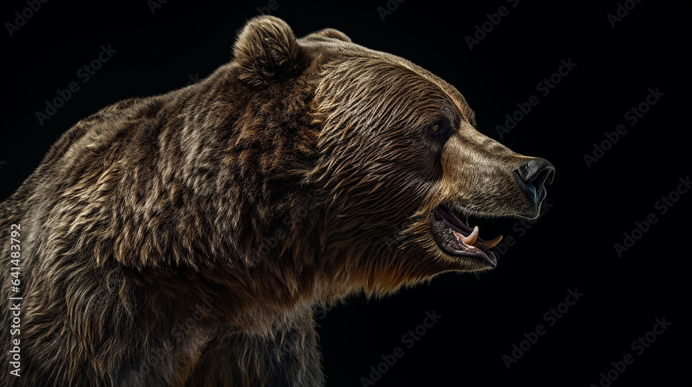 Obraz premium Close-up head shot of bear with dark background generative ai