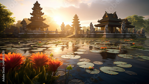Balinese temple surrounded by water and lily pads  and flowers with mountain scenery