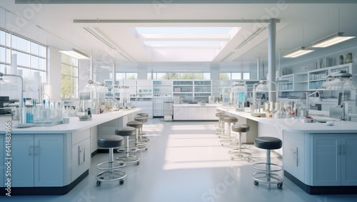 a clean laboratory space with white and grey stools Generative AI © SKIMP Art