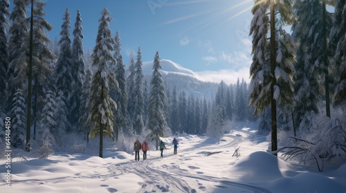 families enjoying a day of cross-country skiing through a snowy forest, their breaths visible in the cold, pristine wilderness.