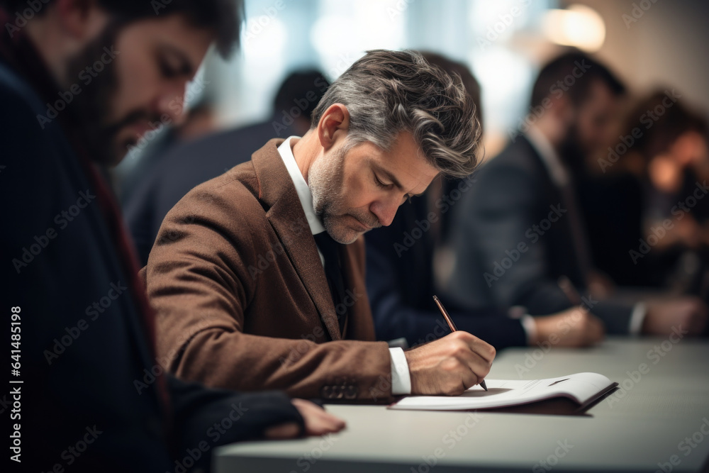 A person takes notes during a business seminar, capturing valuable information to implement in their career endeavors. Generative Ai. A person takes notes during a business seminar, capturing valuable information to implement in their career endeavors. Generative Ai.