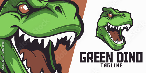 Green Dinosaur Head Illustration Logo: Vector Graphic, Mascot for Sport and E-Sport Gaming Teams, Showcasing Dino Trex Mascot Head.




