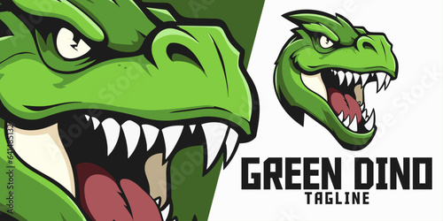 Green Dinosaur Head Illustration Logo: Mascot, Vector Graphic for Sport and E-Sport Gaming Teams, Highlighting Dino Trex Mascot Head.

