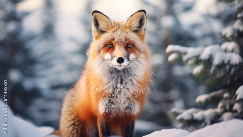 Obraz premium Red fox in snowy winter landscape against blurred forest background.
