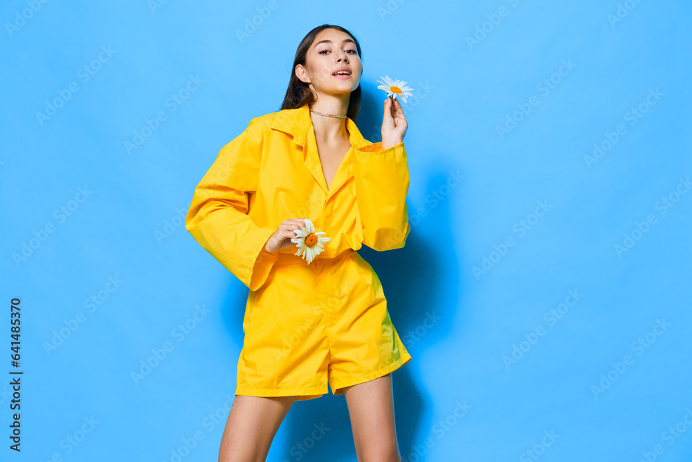 young woman flower yellow blue person model happiness portrait chamomile smile young woman flower yellow blue person model happiness portrait chamomile smile